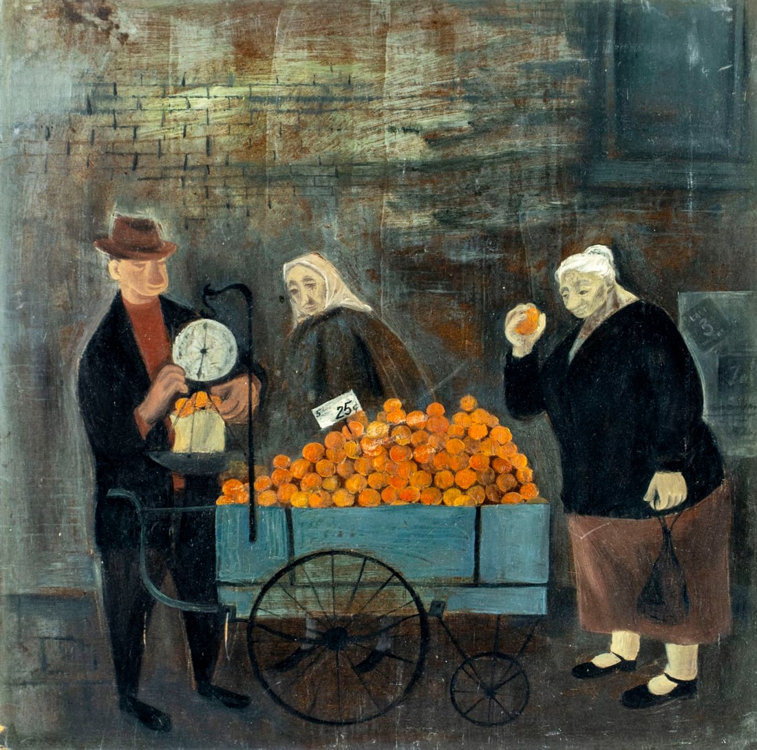 Antique early 20C American oil painting: ARTIST: - (American, early 20 century) TITLE: Orange Seller MEDIUM: oil on board CONDITION: Some damages to corners. Some scratches/paint losses. No visible inpaint under