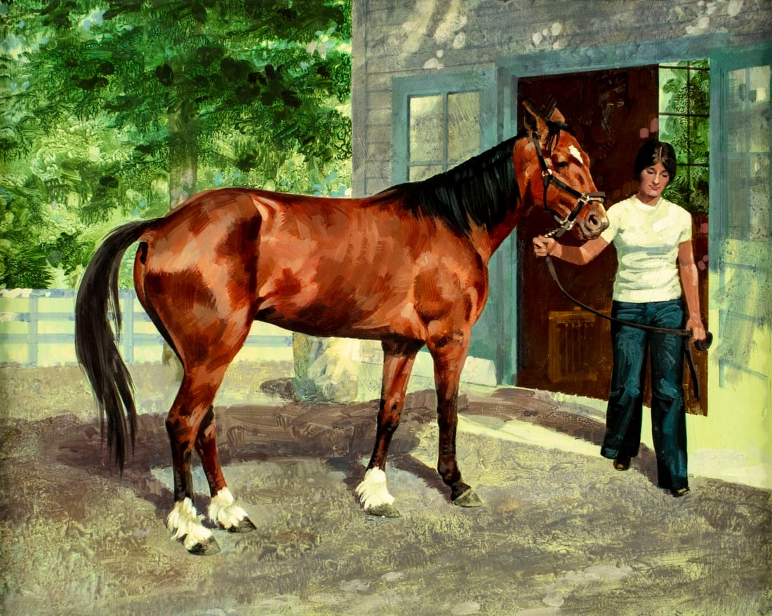 George Englert (NY,1913-1993) oil painting: ARTIST: George Englert (New York, 1913 - 1993) TITLE: Woman with Horse, Equestrian MEDIUM: oil on board CONDITION: Very good. No visible inpaint under UV light.