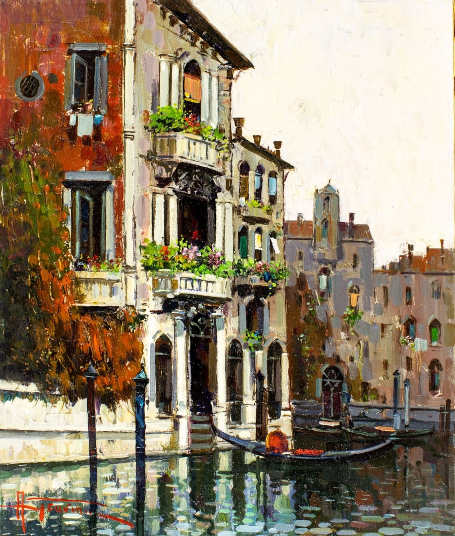 Antonio Gravina (Italy,1934-2011) oil painting: ARTIST: Antonio Gravina (Italian, 1934 - 2011) TITLE: Venetian Canal Cityscape, Italy MEDIUM: oil on canvas CONDITION: Very good. No visible inpaint under UV light.