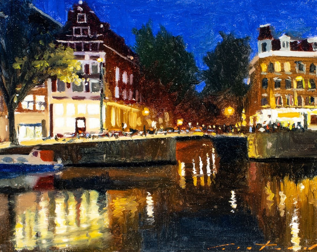 Phil Couture (Canada,FL,b 1984) oil painting: ARTIST: Philippe Couture (Canadian, Florida, born 1984) TITLE: Amsterdam at Night (titled on verso) MEDIUM: oil on canvas board CONDITION: Very good. Minor craquelure. No v