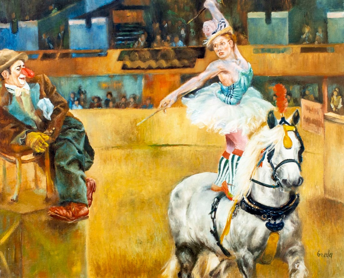 Greda (Europe,20C) oil painting: ARTIST: Greda (European, 20 century) TITLE: Circus Performance MEDIUM: oil on canvas CONDITION: Unstretched (In-House stretching available). Few small paint losses. No visib