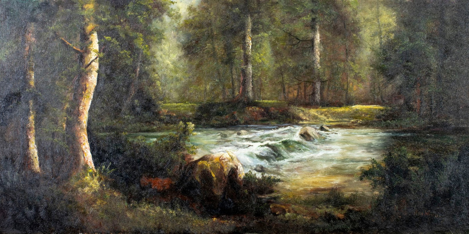 Ron Williams (TN,1947-2016) oil painting: ARTIST: Ron Williams (Tennessee, 1947 - 2016) TITLE: Forest River Landscape MEDIUM: oil on canvas CONDITION: Overall good. No visible inpaint under UV light. Normal wear a