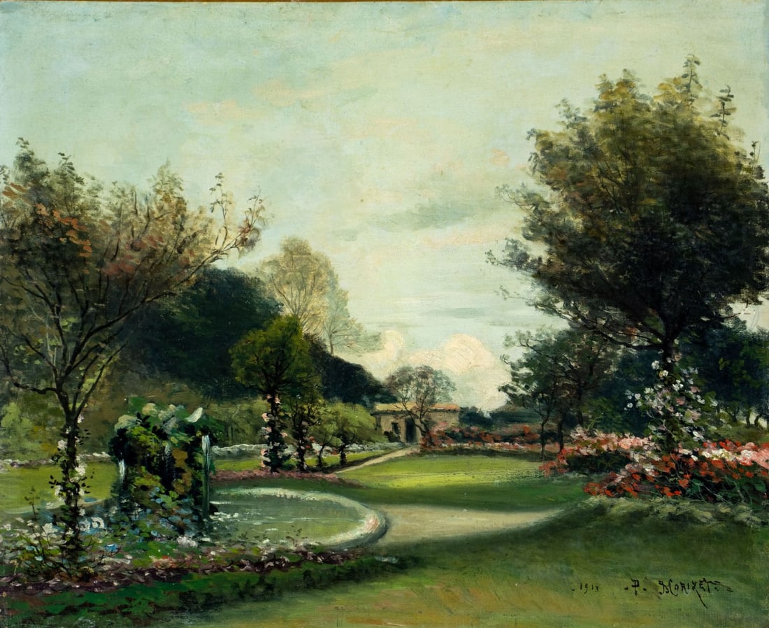 Paul Louis Morizet (France,19/20C) oil painting antique: ARTIST: Paul Louis Morizet (French, 19/20 centuries) TITLE: Garden Landscape YEAR: 1911 MEDIUM: oil on canvas CONDITION: Relined. Minor scratches/paint l