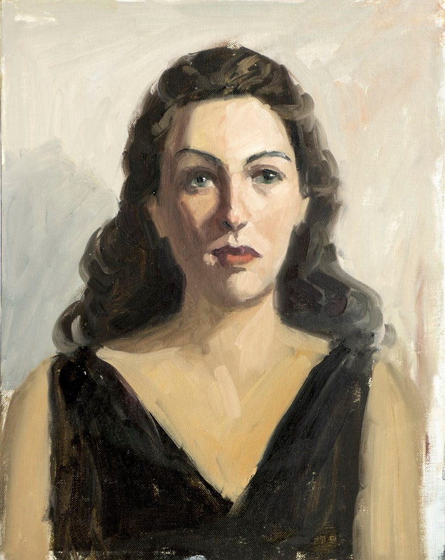 George Holloway (NJ,20C) oil painting: ARTIST: George R Holloway (New Jersey, 20 century) TITLE: Portrait of Woman MEDIUM: oil on canvas board CONDITION: Few very minor paint losses. Normal wear along edges. <