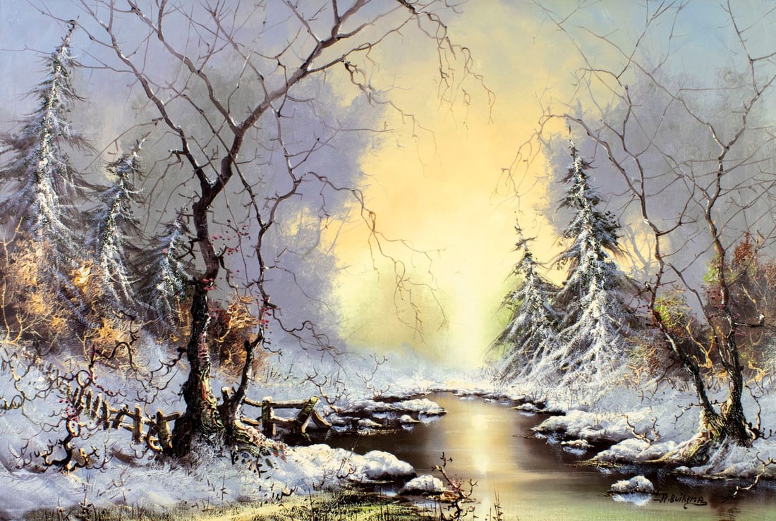 Albert Buikema (Dutch,1949-1994) oil painting: ARTIST: Albert Buikema (Netherlands, 1949 - 1994) TITLE: Winter Stream Landscape MEDIUM: oil on canvas CONDITION: Unstretched (In-House stretching available). Missing a fe