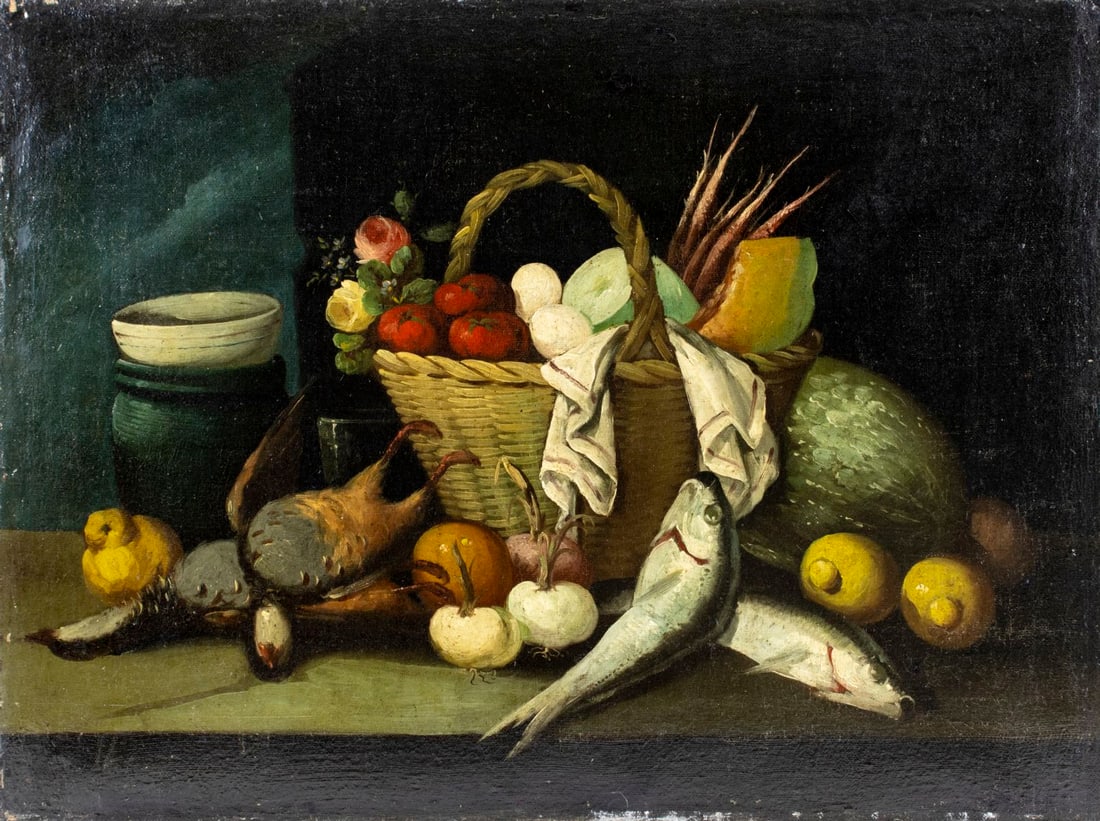 Antique 19C Spanish oil painting: ARTIST: - (Spain, 19 century) TITLE: Still Life with Vegatables and Game MEDIUM: oil on canvas CONDITION: Relined. Some paint losses. Some inpaintings mostly along edges.