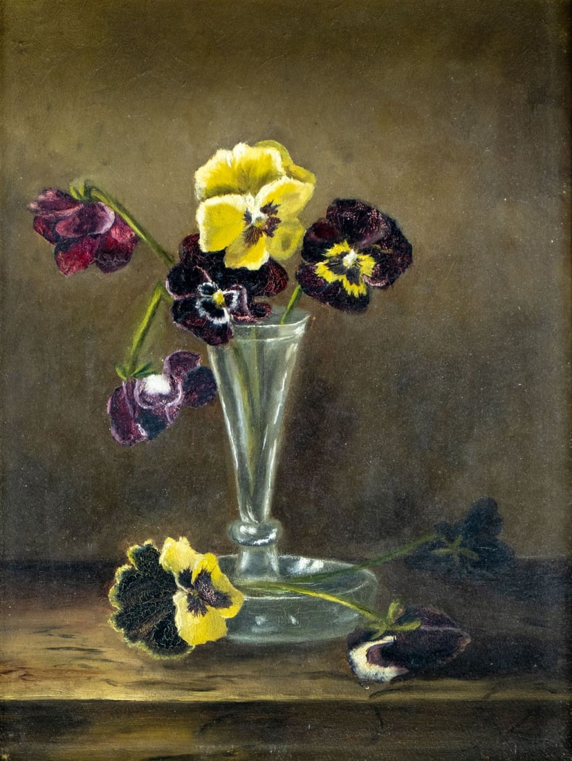 Antique early 20C American oil painting: ARTIST: - (American, early 20 century) TITLE: Still Life with Vase of Pansies MEDIUM: oil on board CONDITION: Missing a few flakes of paint along edges. Very minor craquel