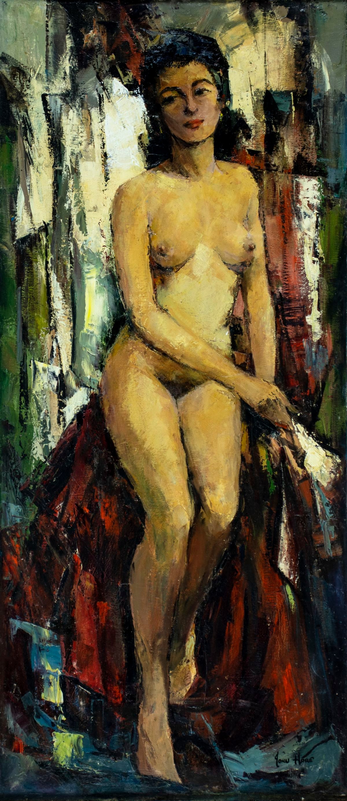 John Cuthbert Hare (MA,FL,1908-1978) oil painting: ARTIST: John Cuthbert Hare (Massachusetts, Florida, 1908 - 1978) TITLE: Nude MEDIUM: oil on canvas CONDITION: Some small damages to lower corners of canvas. Minor scratche