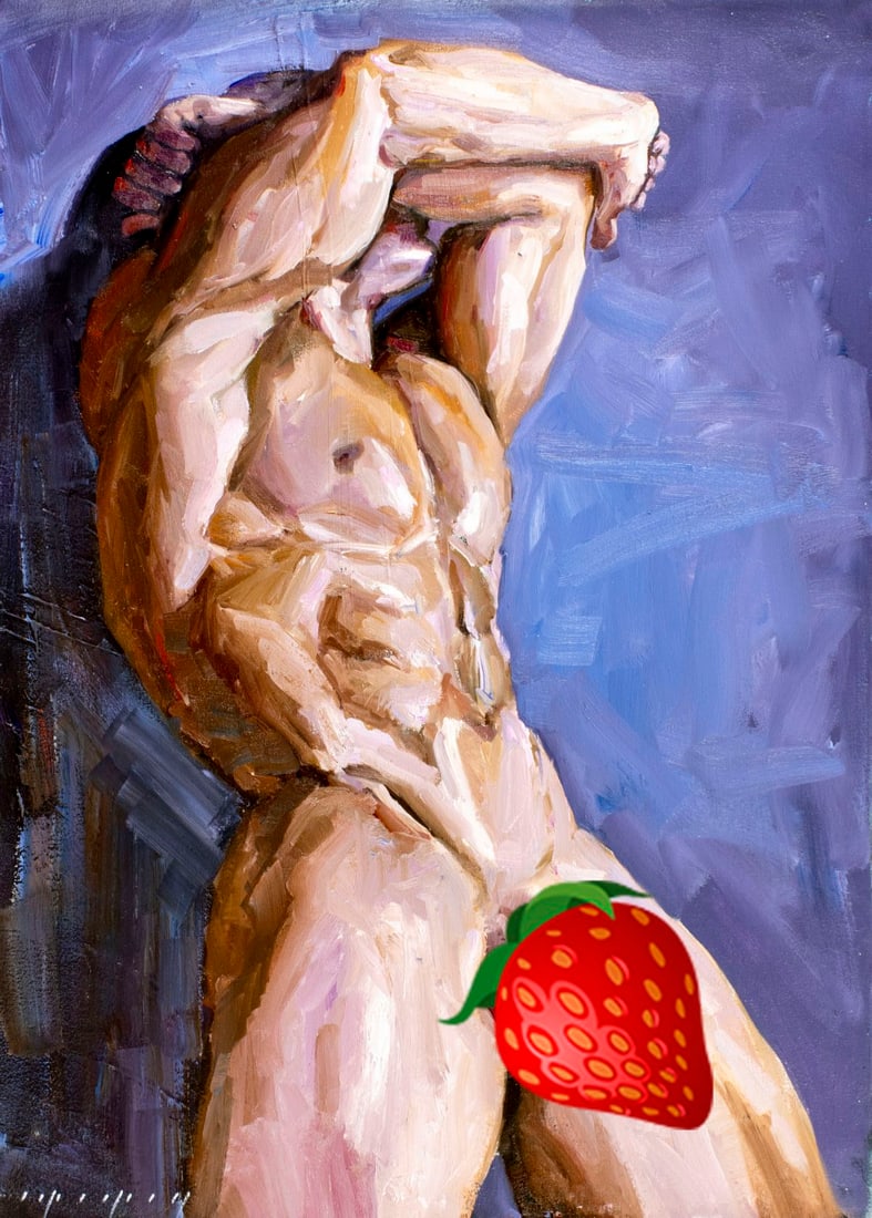 Igor Grey (Ukraine,b 1975) oil painting: ARTIST: Igor Grey (Ukrainian, born 1975) TITLE: Male Nude MEDIUM: oil on canvas CONDITION: Unstretched (In-House stretching available). Very good. No visible inpaint under U
