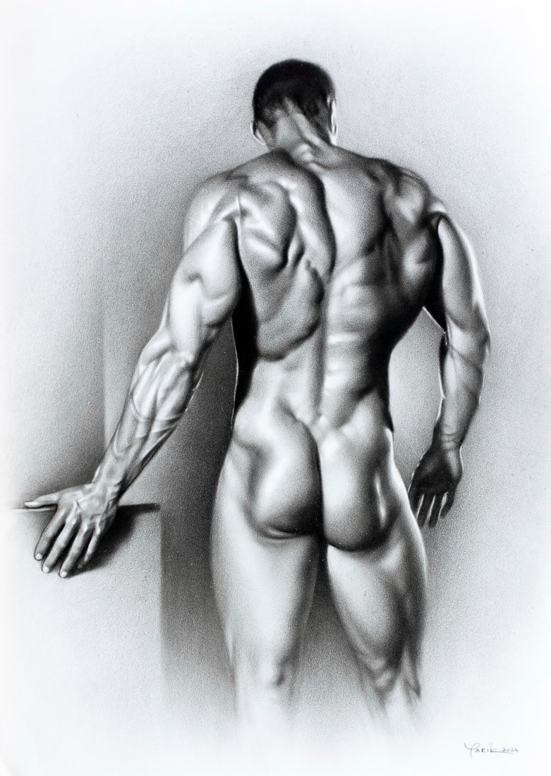 Yaroslav Novostavskiy (Ukraine,b 1989) dry brush oil painting: ARTIST: Yaroslav Novostavskiy (Ukrainian, born 1989) TITLE: Male Nude MEDIUM: dry brush oil on paper CONDITION: Minor crumpling to the lower left corner. No visible inpaint