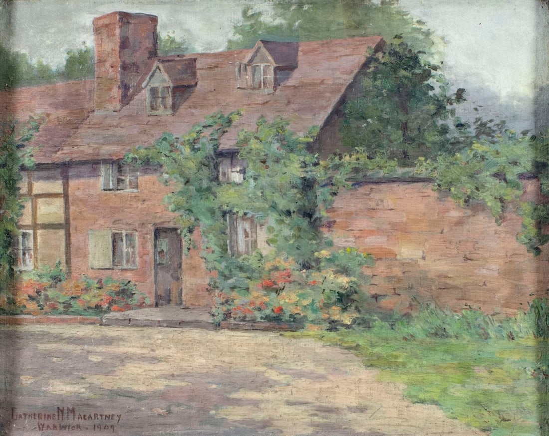 Catherine Macartney (IA,France,1880-1958) oil painting antique: ARTIST: Catherine Naomi Macartney (Iowa, French, 1880 - 1958) TITLE: Town Scene YEAR: 1909 MEDIUM: oil on board CONDITION: Few very minor paint losses.