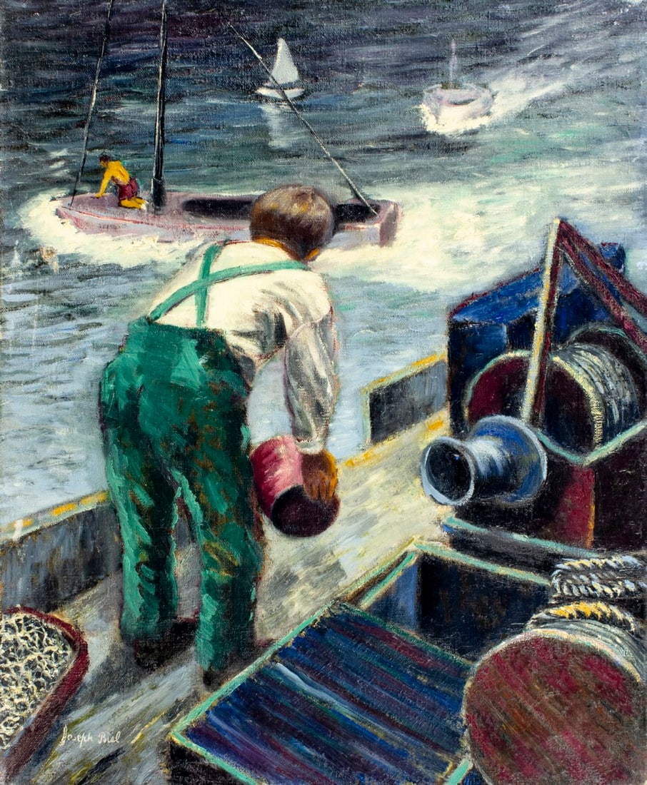 Joseph Biel (NY,Russia,1891-1943) oil painting antique: ARTIST: Joseph Biel (New York, Russian, 1891 - 1943) TITLE: Fisherman at Work on Dock MEDIUM: oil on canvas CONDITION: One patch-repaired tear. Some scratches/paint losses