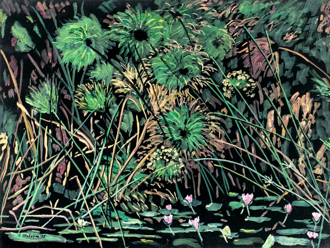 Evelyn Metzger (NY,Brazil,1911-2007) oil painting: ARTIST: Evelyn Borchard Metzger (New York, Brazilian, 1911 - 2007) TITLE: Nyasa Lake, Africa (titled on verso) YEAR: 1995 MEDIUM: oil on board CONDITION: