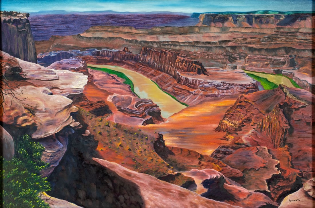 F Lisa Hannick (PA,NY,20/21C) oil painting: ARTIST: F Lisa Hannick (Pennsylvania, New York, 20/21 centuries) TITLE: Canyon Landscape MEDIUM: oil on canvas CONDITION: Overall good. No visible inpaint under UV light.