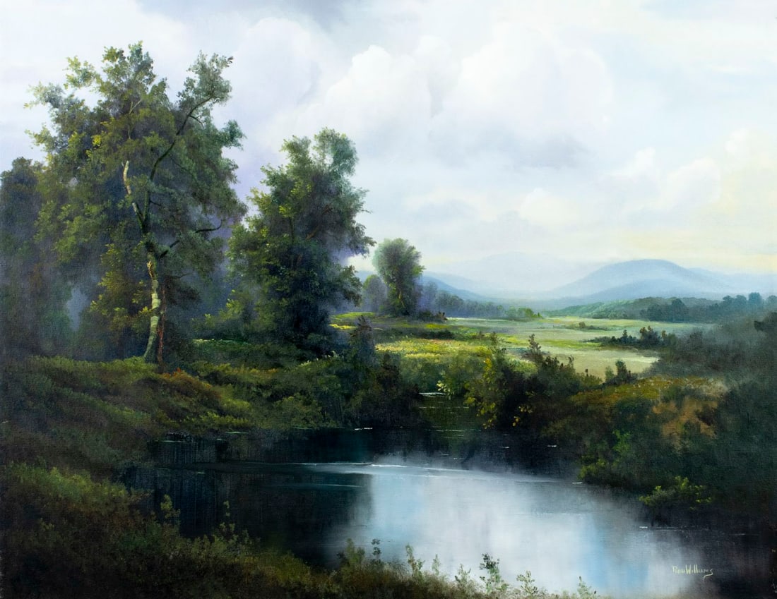 Ron Williams (TN,1947-2016) oil painting: ARTIST: Ron Williams (Tennessee, 1947 - 2016) TITLE: Pond Landscape MEDIUM: oil on canvas CONDITION: Few minor paint losses along edges. No visible inpaint under UV light.
