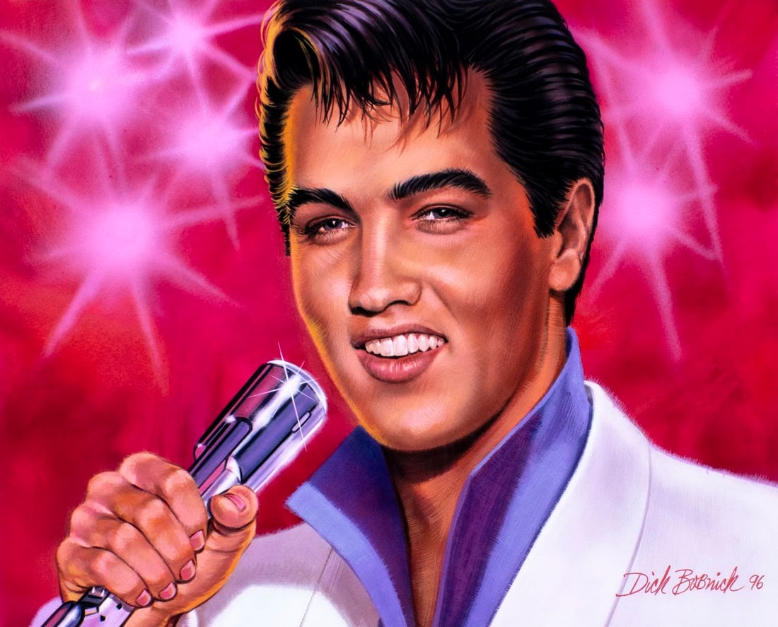 Dick Bobnick (MN,20/21C) gouache painting: ARTIST: Dick Bobnick (Minnesota, 20/21 centuries) TITLE: Memories of Elvis Presley in Concert - 1960s YEAR: 1996 MEDIUM: gouache on board CONDITION: Some