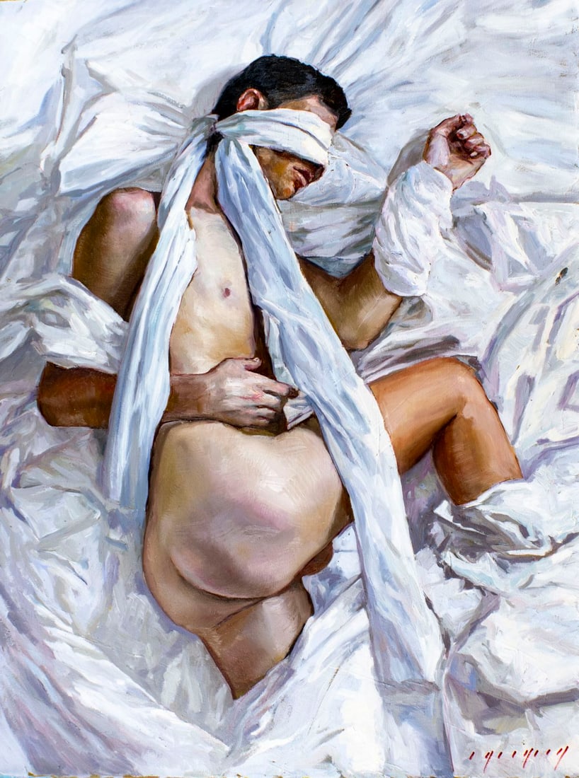 Igor Grey (Ukraine,b 1975) oil painting: ARTIST: Igor Grey (Ukrainian, born 1975) TITLE: Male Nude - White World (titled on verso) MEDIUM: oil on canvas CONDITION: Unstretched (In-House stretching available). Very