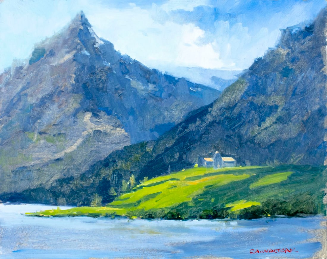 Robert Waltsak (NJ,b 1944) oil painting: ARTIST: Robert Alan Waltsak (New Jersey, born 1944) TITLE: Mountain Lake Landscape, Montana YEAR: 1991 MEDIUM: oil on board CONDITION: Very good. No visi