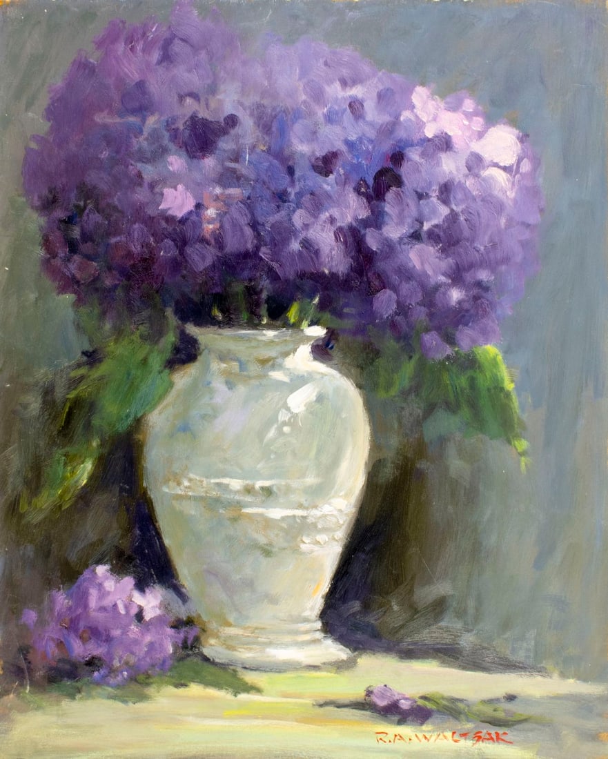 Robert Waltsak (NJ,b 1944) oil painting: ARTIST: Robert Alan Waltsak (New Jersey, born 1944) TITLE: Still Life with Vase of Lilac MEDIUM: oil on board CONDITION: Few minor scratches/paint losses. No visible inpaint