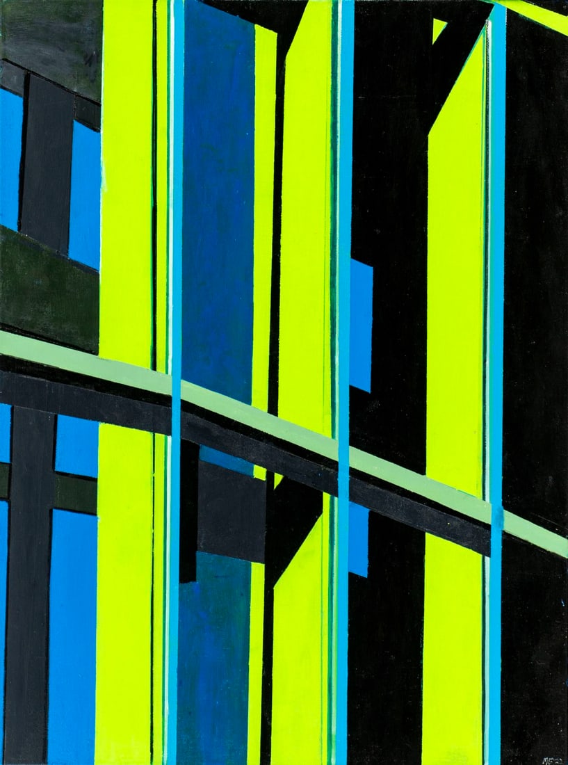 Martin Graifer (NJ,20/21C) acrylic painting: ARTIST: Martin Graifer (New Jersey, 20/21 centuries) TITLE: Abstract Composition MEDIUM: acrylic on canvas CONDITION: Very good. No visible inpaint under UV light. Wear to f