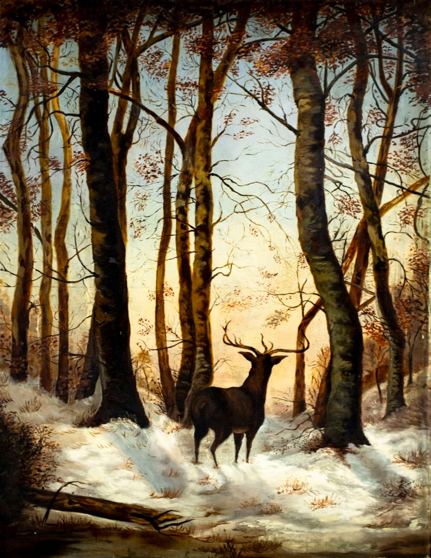 Antique 19C American oil painting: ARTIST: - (American, 19 century) TITLE: Deer in Winter Forest MEDIUM: oil on canvas CONDITION: One patch with corresponding inpaintings. Few small scratches mostly along t