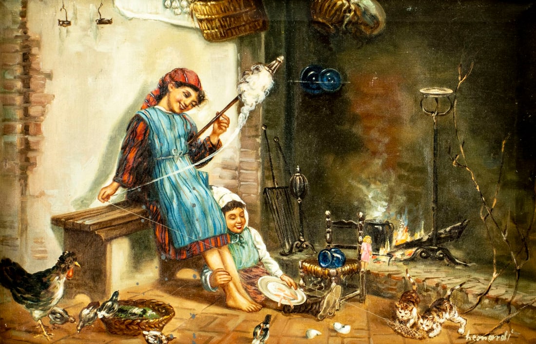 Leonardi (Italy,19C) oil painting antique: ARTIST: Leonardi (Italian, 19 century) TITLE: Girls Playing with Cats MEDIUM: oil on canvas CONDITION: Two patches. One nail hole by the right edge. Few very minor paint los