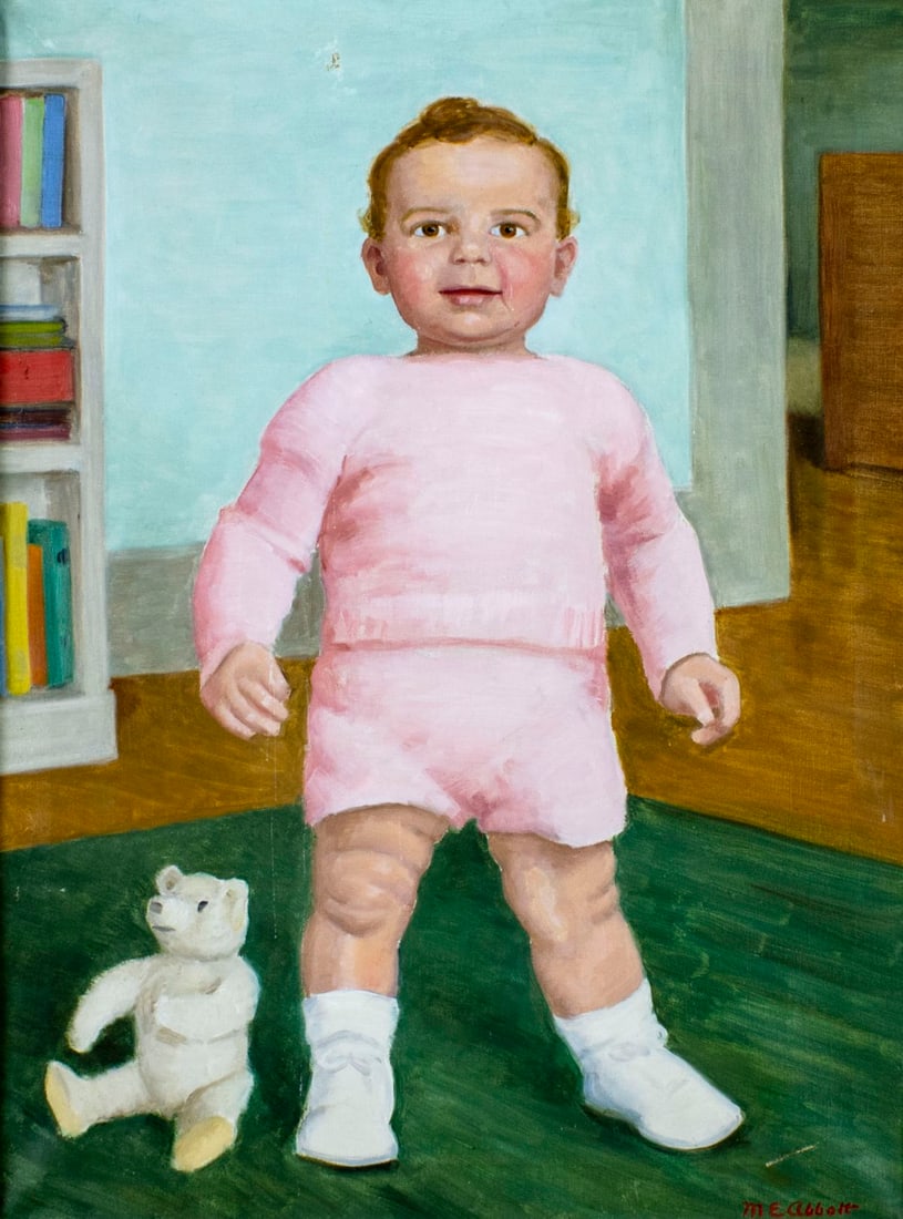 Marguerite Abbott (CA,1870-1953) oil painting: ARTIST: Marguerite Elizabeth Abbott (California, 1870 - 1953) TITLE: Standing Toddler MEDIUM: oil on canvas CONDITION: Two small patches. Repaired tears with correspondin