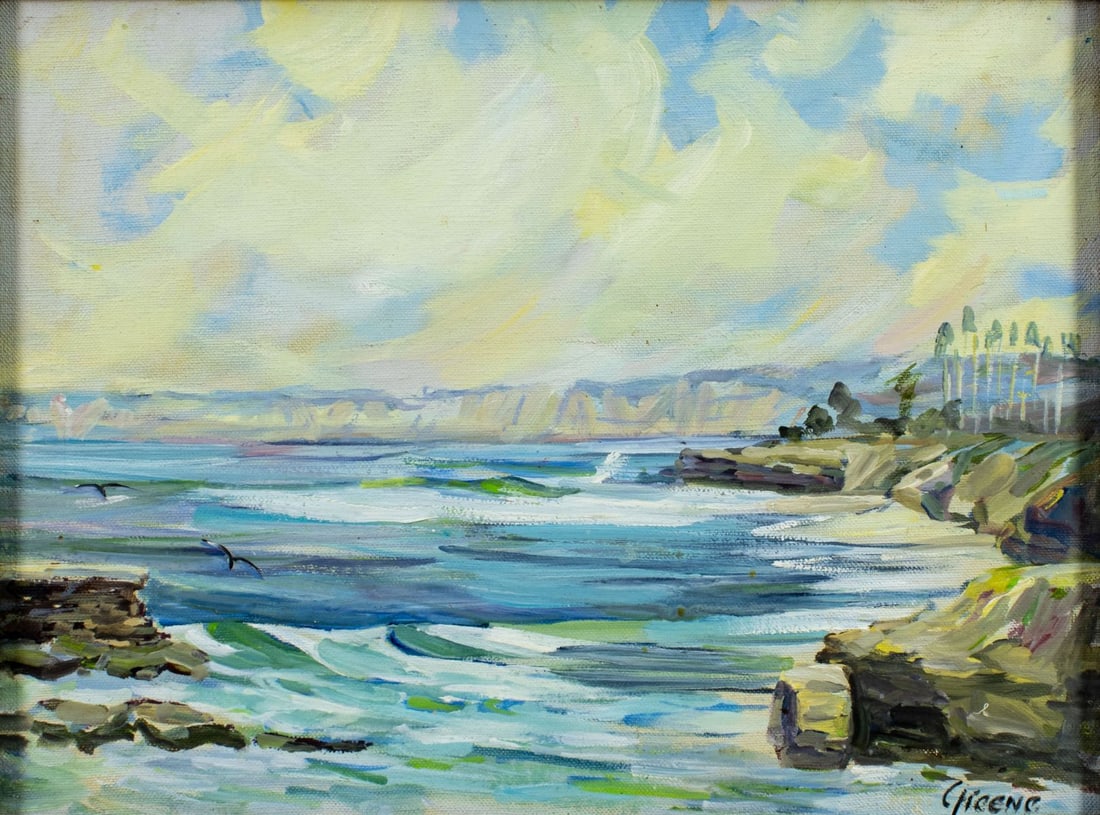 Greene (CA,20C) oil painting: ARTIST: Greene (California, 20 century) TITLE: California Coastal Landscape MEDIUM: oil on canvas CONDITION: Overall good. No visible inpaint under UV light. Wear to frame.