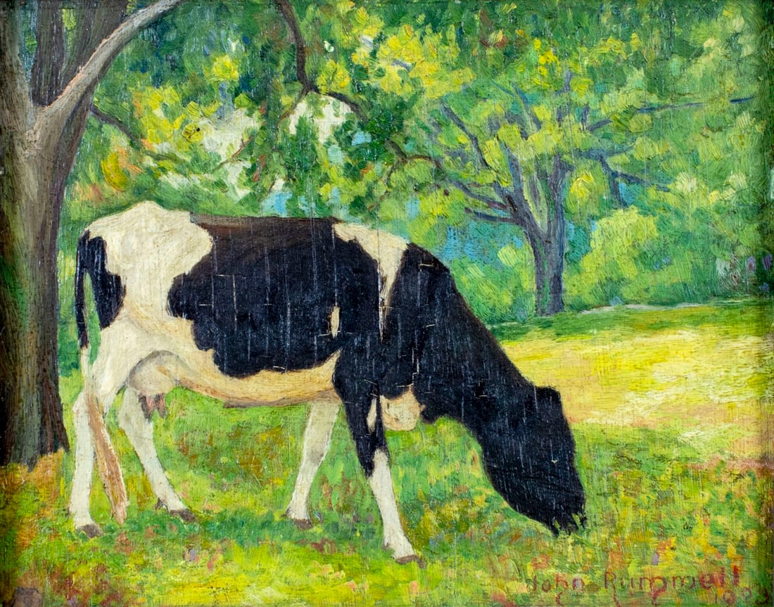 John Rummell (NY,MA,1861-1942) oil painting antique: ARTIST: John Rummell (New York, Massachusetts, 1861 - 1942) TITLE: A Young Holstein Cow (titled on verso) YEAR: 1923 MEDIUM: oil on board CONDITION: Few