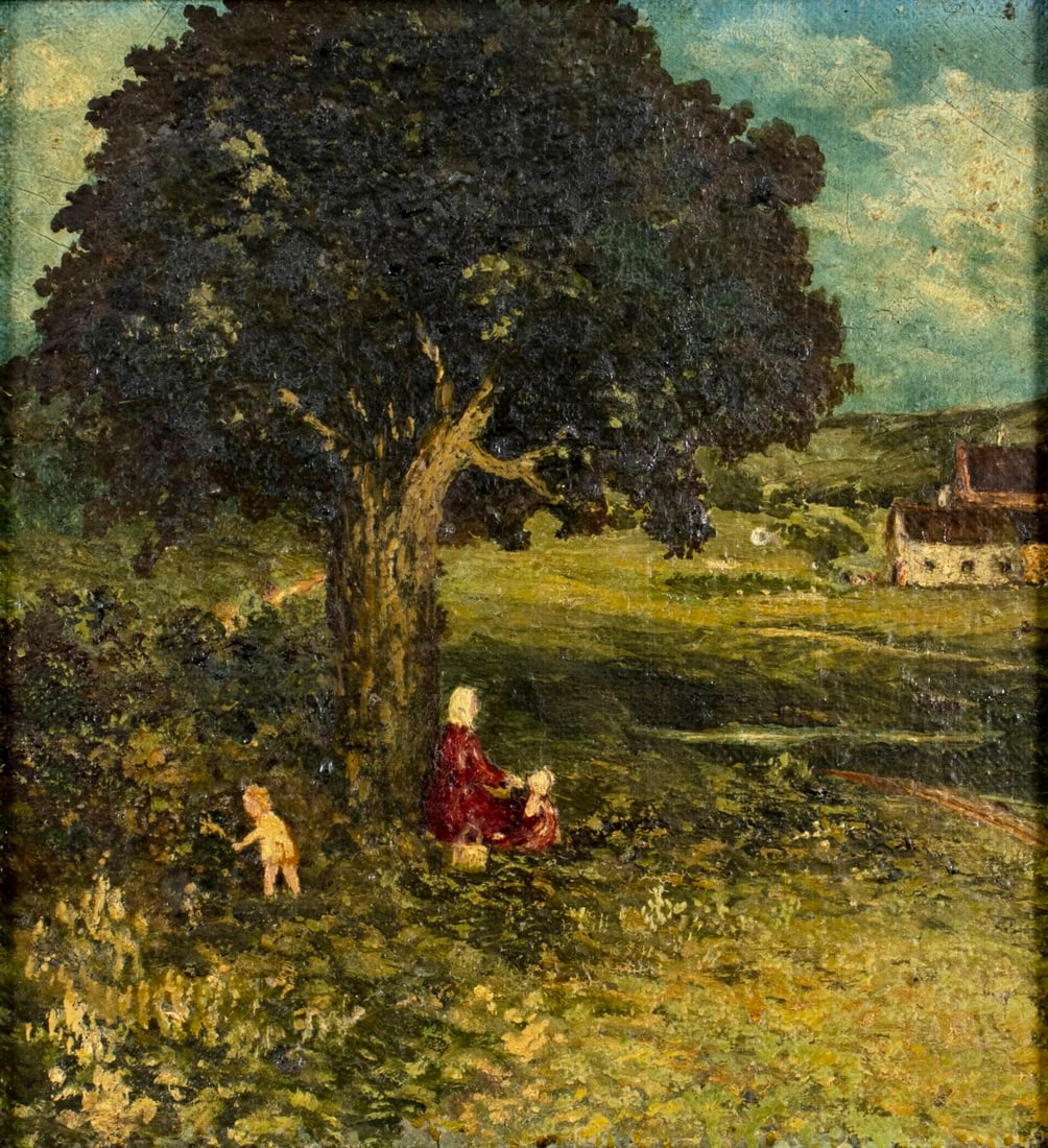 Antique early 20C American oil painting: ARTIST: - (American, early 20 century) TITLE: Country Landscape MEDIUM: oil on canvas. Canvas applied to board. CONDITION: Some small paint losses. Some craquelure. Few sc