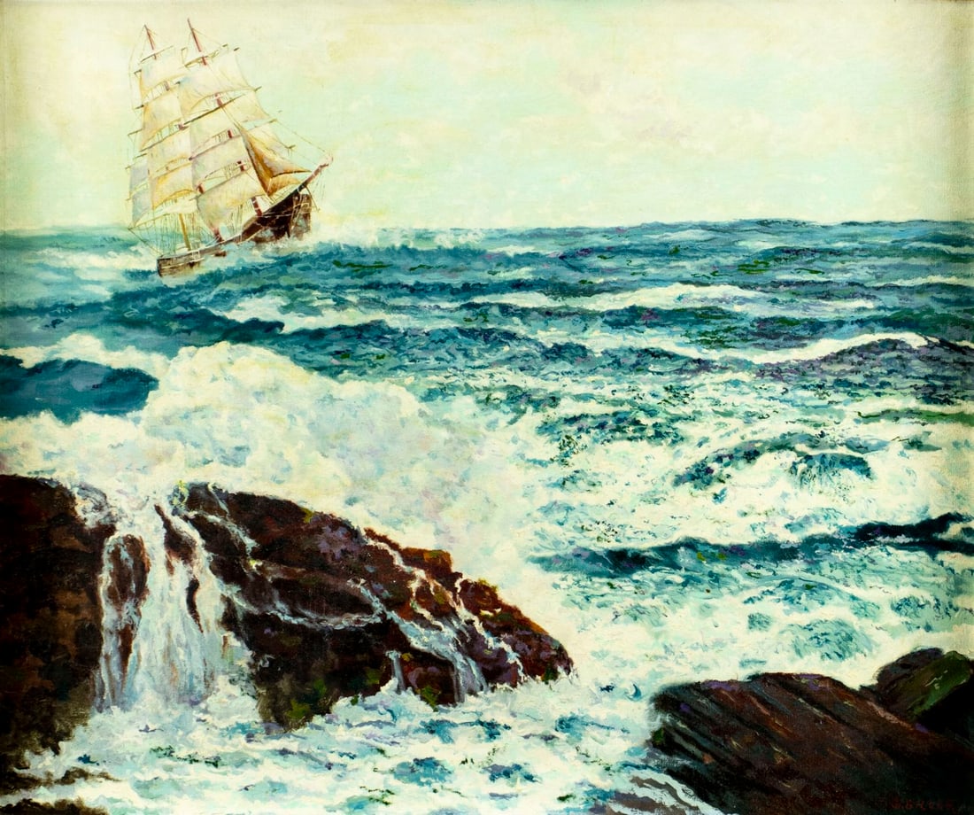 S Silver (US,20C) oil painting: ARTIST: S Silver (American, 20 century) TITLE: Seascape with Sail Ship MEDIUM: oil on canvas CONDITION: Few very minor paint losses. No visible inpaint under UV light. Wear