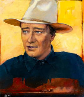 Richard Schlecht (KY,VA,DC,1936-2022) oil painting: ARTIST: Richard Schlecht (Kentucky, Virginia, District of Columbia, 1936 - 2022) TITLE: John Wayne - Rising Star (titled on verso) YEAR: 2004 MEDIUM: oil on paper. Paper a