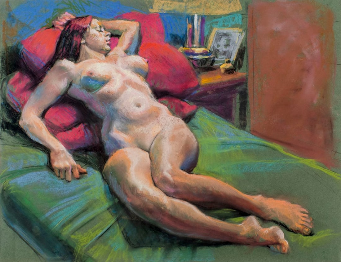 Karl Foster (PA,b 1933) pastel painting: ARTIST: Karl Foster (Pennsylvania, born 1933) TITLE: Sleeping Nude MEDIUM: pastel on heavy paper CONDITION: Very good. ART SIZE: 20 x 26 inches / 50 x 66
