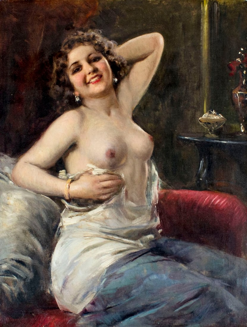 Attilio Toro (Italy,1892-1982) oil painting: ARTIST: Attilio Toro (Italian, 1892 - 1982) NAME: Nude MEDIUM: oil on canvas CONDITION: Relined. One inpainted area 1" x 2" (upper left). SIGHT SIZE: 24 x 18 inches / 60 x 45 cm