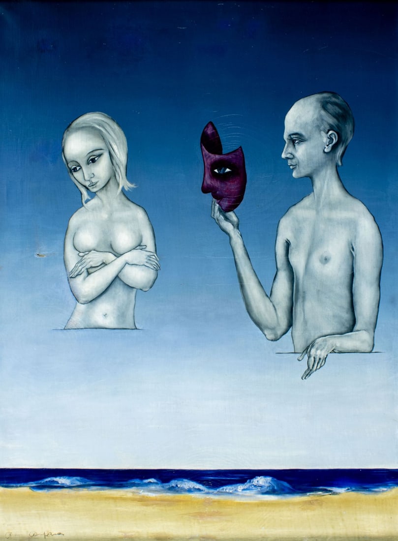 Avon Campana (France,1927-?) oil painting: ARTIST: Anne Marie Avon Campana (French, 1927 - ???) TITLE: Surreal Scene with Woman and Man with Mask MEDIUM: oil on canvas CONDITION: Some paint losses. Some craquelure.