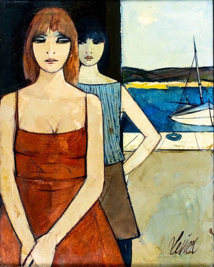 Charles Levier (French,NY,CA,1920-2003) oil painting: ARTIST: Charles Levier (France, New York, California, 1920 - 2003) TITLE: Femmes Dans un Port (titled on verso) MEDIUM: oil on canvas CONDITION: Minor paint losses mostly
