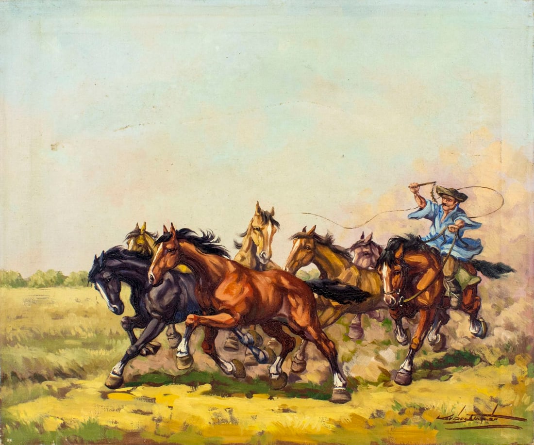 Elemer Kovacs (Hungary,1930-?) oil painting: ARTIST: Elemer Kovacs (Hungarian, 1930 - ???) NAME: Horses MEDIUM: oil on canvas CONDITION: Some scratches/paint losses. Minor craquelure. No visible inpaint under UV light. SIGHT SIZE: