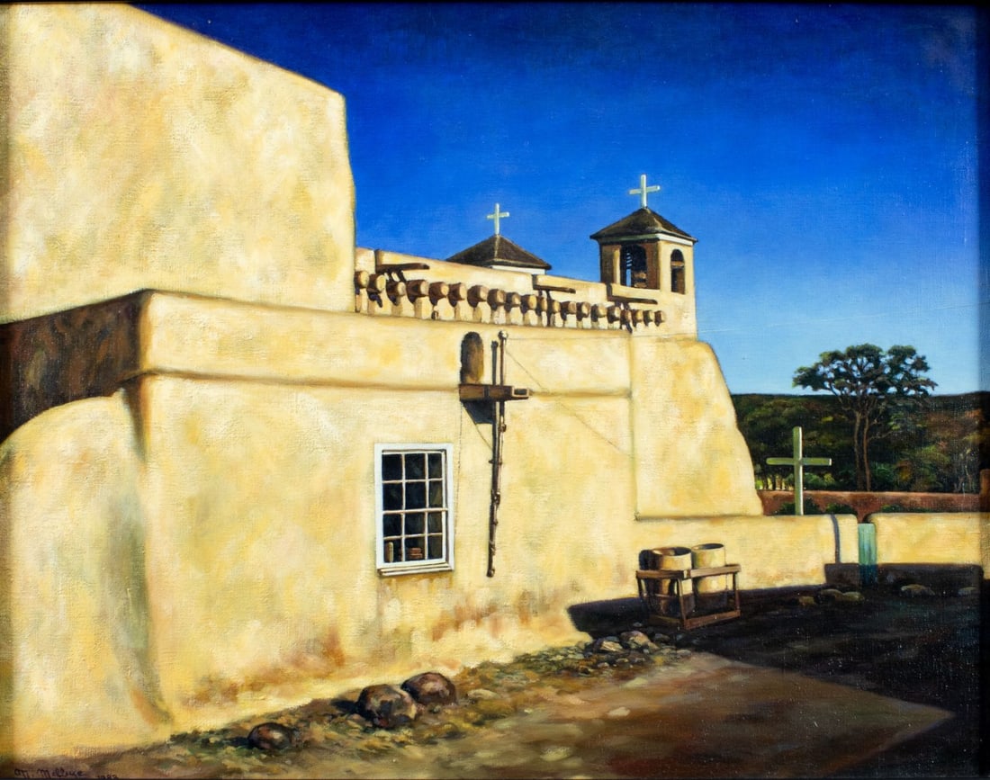 ATTRIB Mikael Melbye (Denmark,b 1955) oil painting: ARTIST: ATTRIBUTED TO Mikael Melbye (Danish, born 1955) TITLE: Spanish Colonial Catholic Church YEAR: 1983 MEDIUM: oil on canvas CONDITION: Very good. No