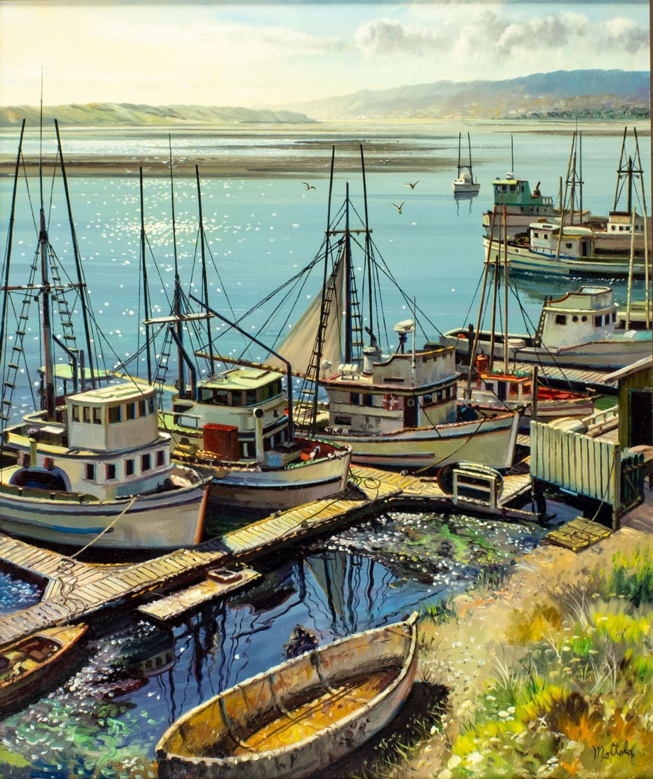 Filastro Mottola (CA,NJ,1915-2008) oil painting: ARTIST: Filastro Matthew Mottola (California, New Jersey, 1915 - 2008) TITLE: Boats at Morro (titled on label) YEAR: circa 1976 MEDIUM: oil on board CONDITION:<