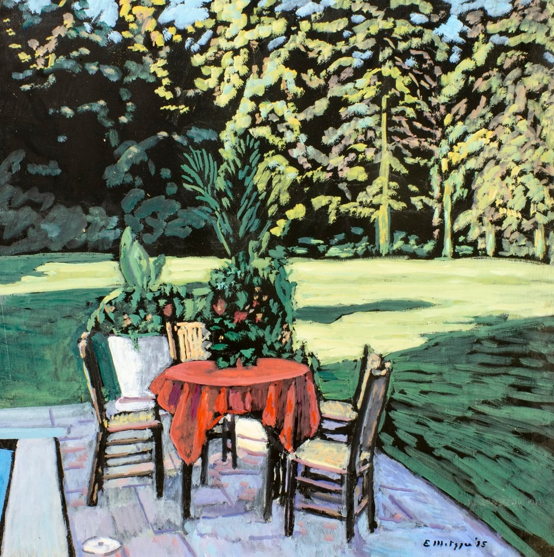 Evelyn Metzger (NY,Brazil,1911-2007) oil painting: ARTIST: Evelyn Borchard Metzger (New York, Brazilian, 1911 - 2007) TITLE: Evanier Terrace YEAR: 1995 MEDIUM: oil on board CONDITION: Few minor scratche
