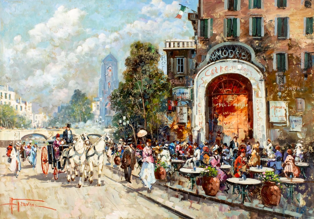 Antonio Gravina (Italy,1934-2011) oil painting: ARTIST: Antonio Gravina (Italian, 1934 - 2011) TITLE: Outdoor Cafe Scene MEDIUM: oil on canvas CONDITION: Unstretched (In-House stretching available). Few small paint loss