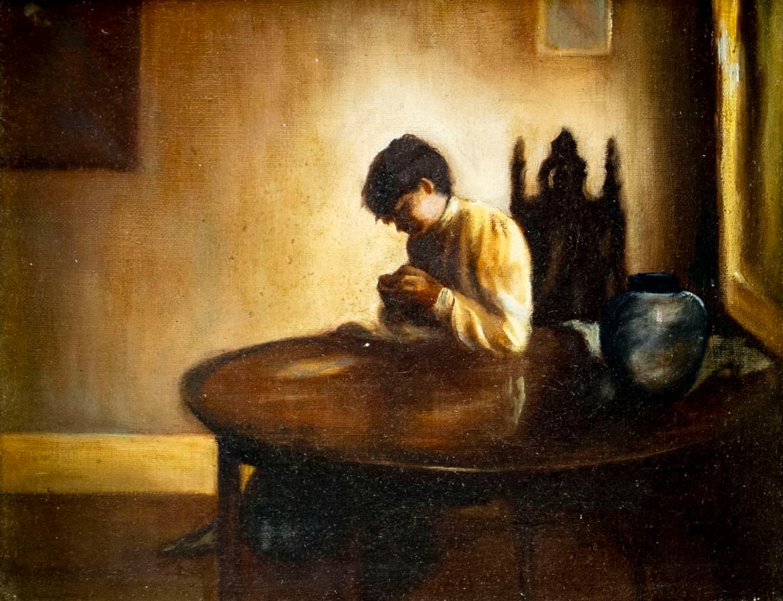 Vintage 20C American oil painting: ARTIST: - (American, 20 century) TITLE: Boy at Table MEDIUM: oil on canvas CONDITION: Overall good. No visible inpaint under UV light. Wear to frame. ART SIZE:<
