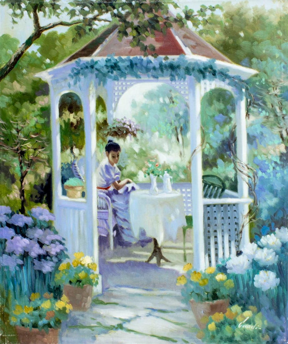 Lugano Candi (Italy,Argentina,born 1948) oil painting: ARTIST: Lugano Candi (Italian, Argentinian, born 1948) TITLE: Woman in the Gazebo MEDIUM: oil on canvas CONDITION: Unstretched (In-House stretching available). Overall good.