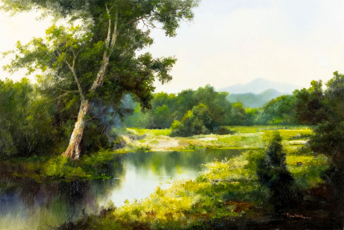 Ron Williams (TN,1947-2016) oil painting: ARTIST: Ron Williams (Tennessee, 1947 - 2016) TITLE: Countryside River Landscape MEDIUM: oil on canvas CONDITION: Overall good. No visible inpaint under UV light. Normal