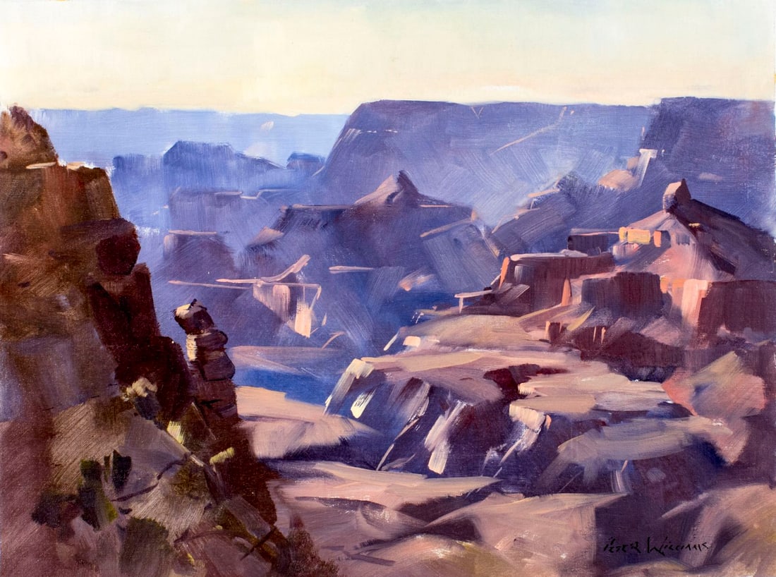 Peter Williams (NY,New Zealand,1934-2018) oil painting: ARTIST: Peter Williams (New York, New Zealand, 1934 - 2018) TITLE: Sunlit Canyon Landscape MEDIUM: oil on canvas CONDITION: Very good. No visible inpaint under UV light.