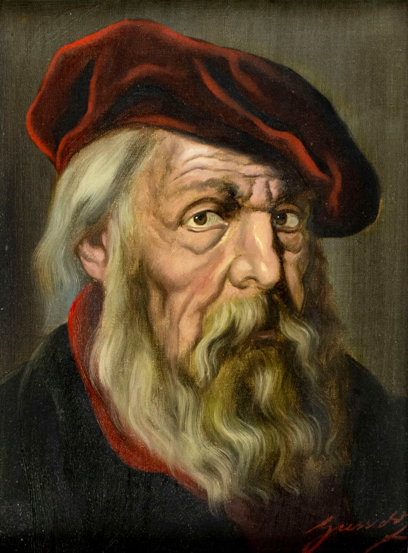 Jeno Gussich (Hungary,1905-?) oil painting: ARTIST: Jeno Gussich (Hungarian, 1905 - ???) TITLE: Portrait of Old Man MEDIUM: oil on canvas CONDITION: Overall good. No visible inpaint under UV light. Wear to frame.