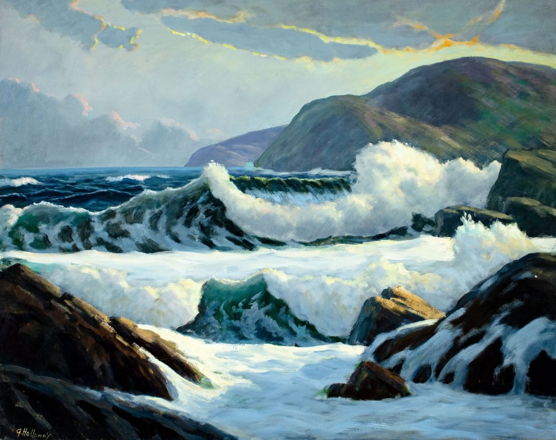 George Holloway (NJ,20C) oil painting: ARTIST: George Holloway (New Jersey, 20 century) TITLE: Stormy Seascape MEDIUM: oil on canvas CONDITION: Few small paint losses. No visible inpaint under UV light.