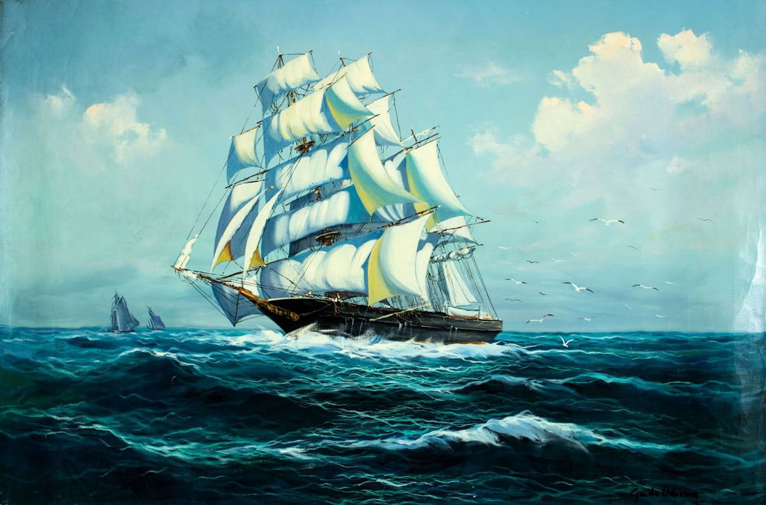 Guido Odierna (Italy,1913-1991) oil painting: ARTIST: Guido Odierna (Italian, 1913 - 1991) TITLE: Sail Ship MEDIUM: oil on canvas CONDITION: Unstretched (In-House stretching available). Minor scratches/paint losses mo