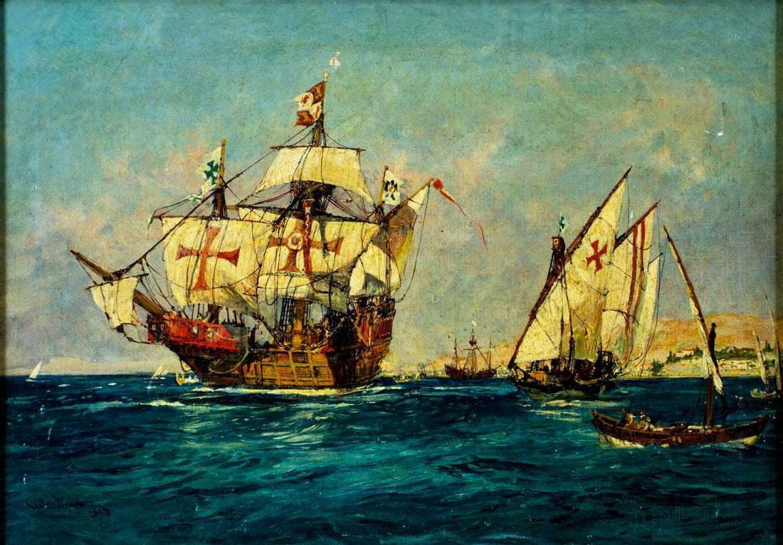 Charles Edward Dixon (England,1872-1934) oil painting antique: ARTIST: Charles Edward Dixon (United Kingdom, 1872 - 1934) TITLE: Spanish Sail Ships YEAR: 1928 MEDIUM: oil on canvas. Canvas applied to board. CONDITION: