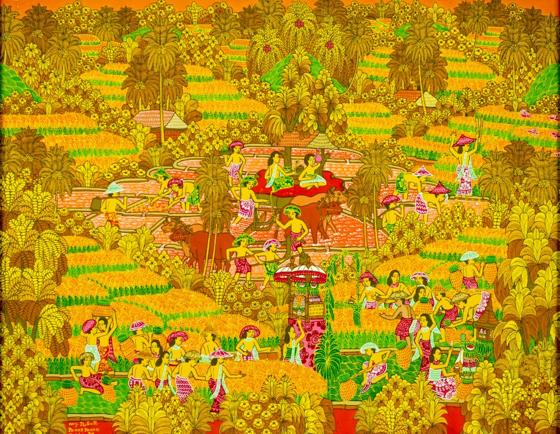 Wayan I Pugur (Indonesia,1946-2016) oil painting: ARTIST: Wayan I Pugur (Indonesian, 1946 - 2016) TITLE: Bali Life, Indonesia (titled on verso) YEAR: 1979 MEDIUM: oil on canvas CONDITION: Minor scratch